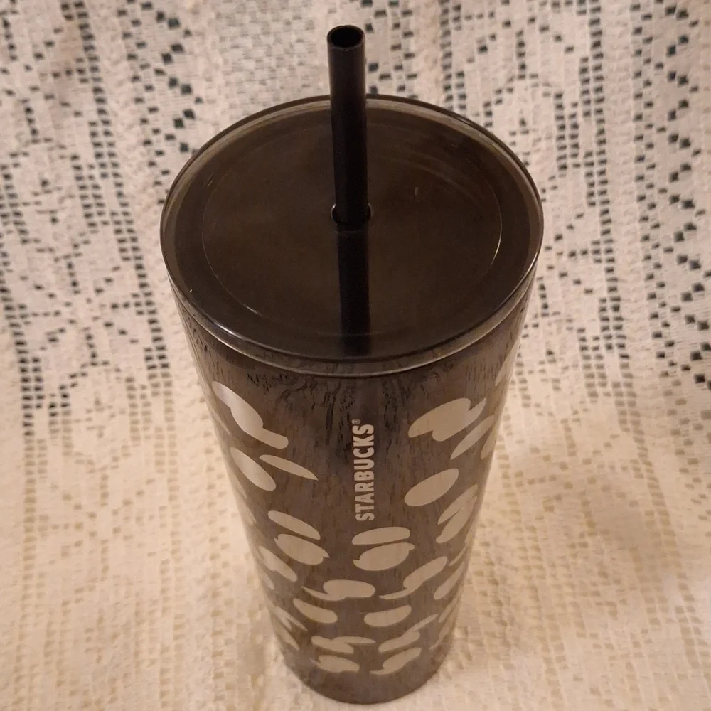 Starbucks Black Silver Polka Dot Print Stainless Steel Cold Cup 24 oz Tumbler